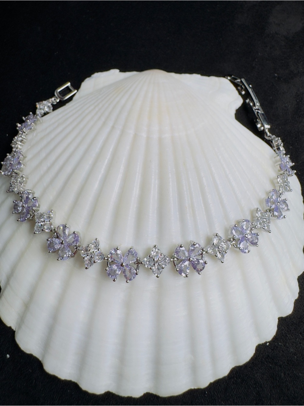 Silver-Tone Purple Crystal Flower Tennis Bracelet - Unbranded